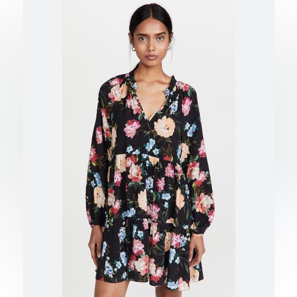 Yumi Kim Vicky Black Floral Print Long Sleeve Flare Mini Dress Size Large NWT